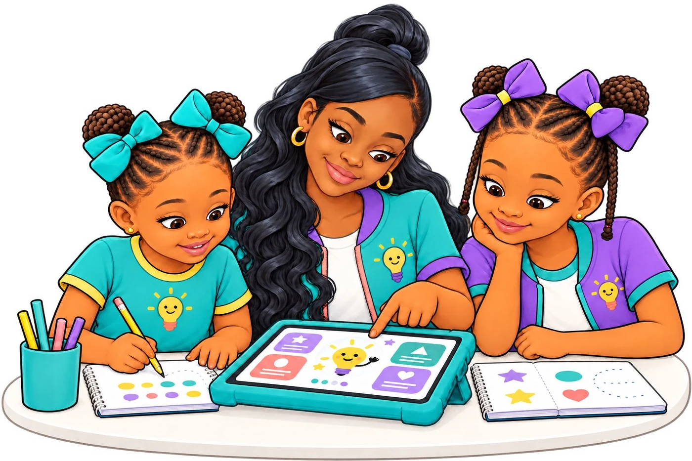 A big sister helping two younger sisters with homework on an AMSi tablet