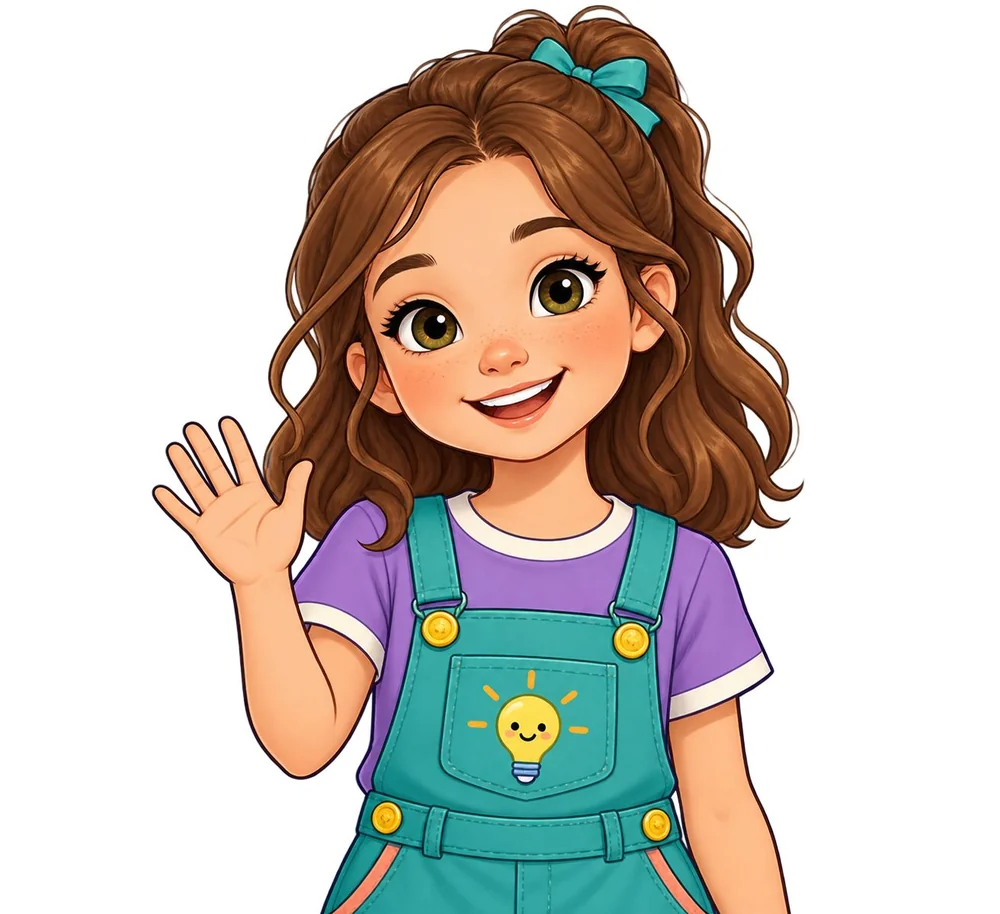 A girl in teal overalls waving happily