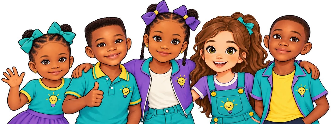 Five smiling children in AMSi shirts standing together