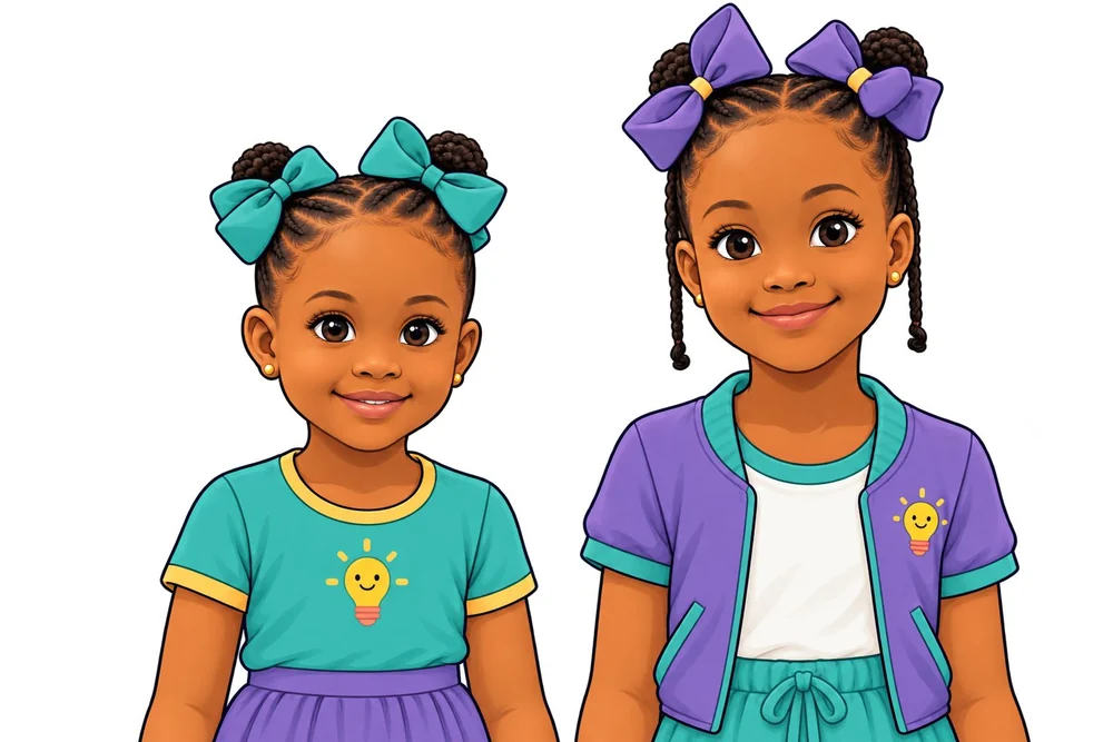 Two young sisters with bows in their hair, smiling
